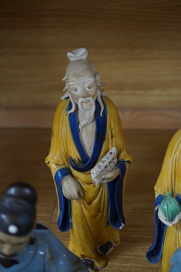 Four Chinese Sage figures and a metal model of the Parthenon, tallest 32cm. Condition - fair